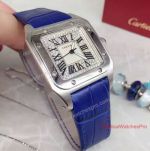 Replica Diamond Cartier Santos 36mm Blue Leather Band Watch